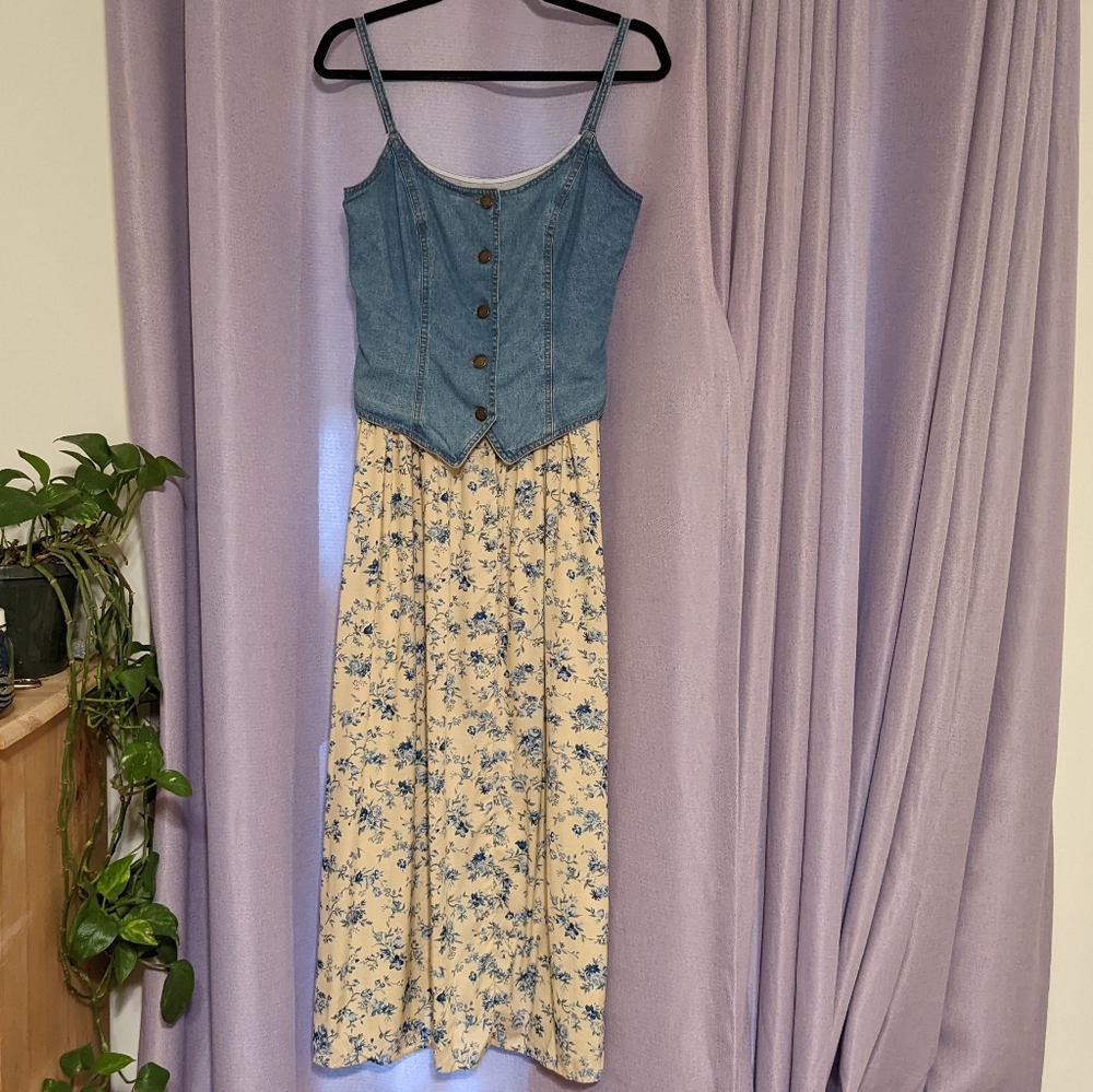 Vintage '90s Dress Denim Vest And Yellow Floral 2fer cottage witchy